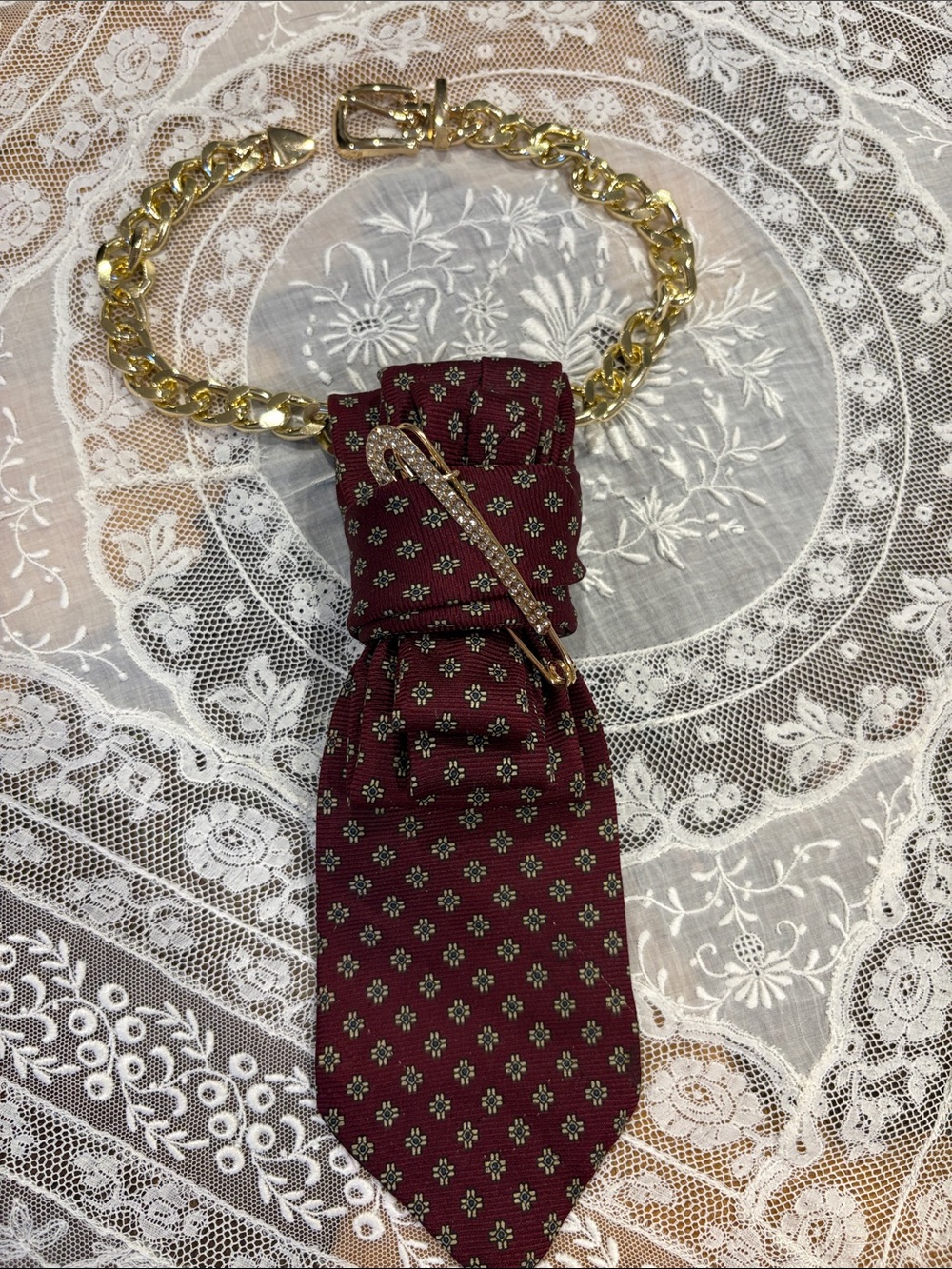Gold Chain Necklace with Burgundy Patterned Tie Pendant